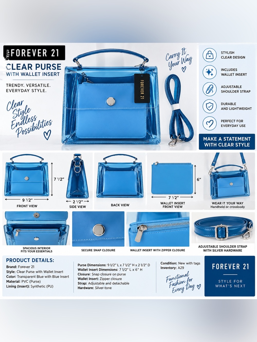 FOREVER 21 CLEAR PURSE WITH INSERT – BLUE (NEW WITH TAGS) A29